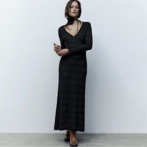 Zara Black Pointelle Knit Maxi Dress V-Neck A-Line S/M Tall